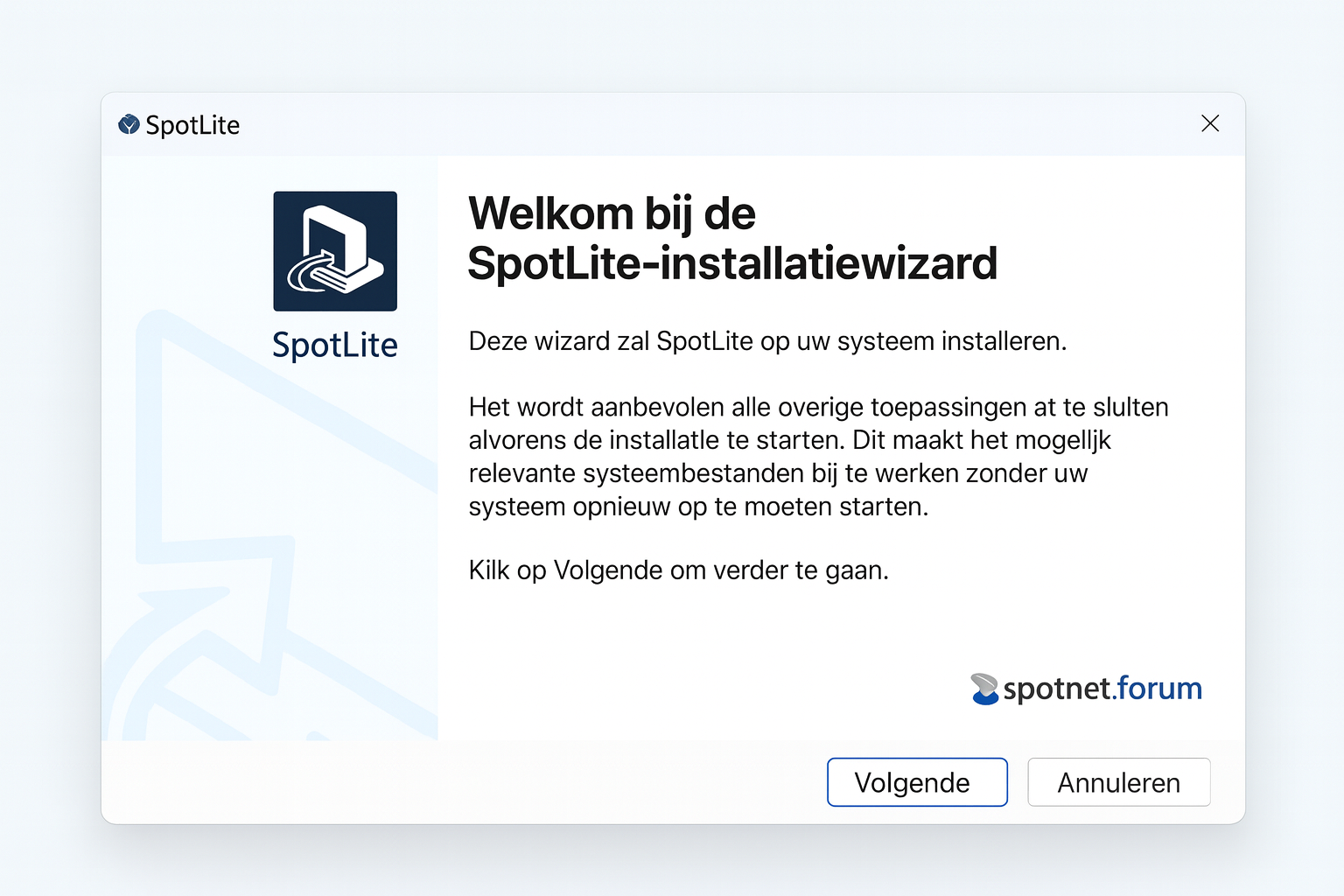 Installatiewizard welkomscherm