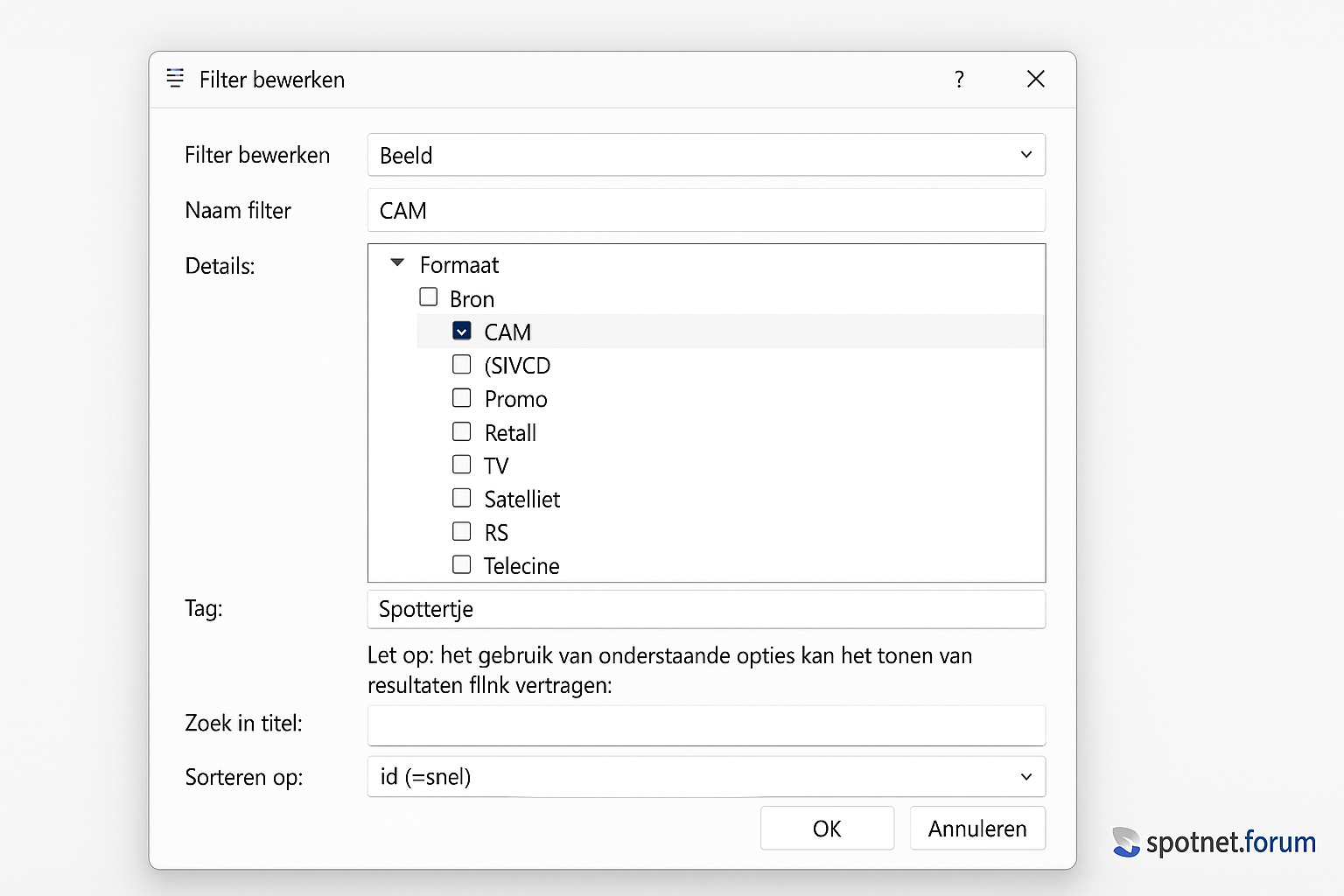 Filter bewerken: categorie en criteria